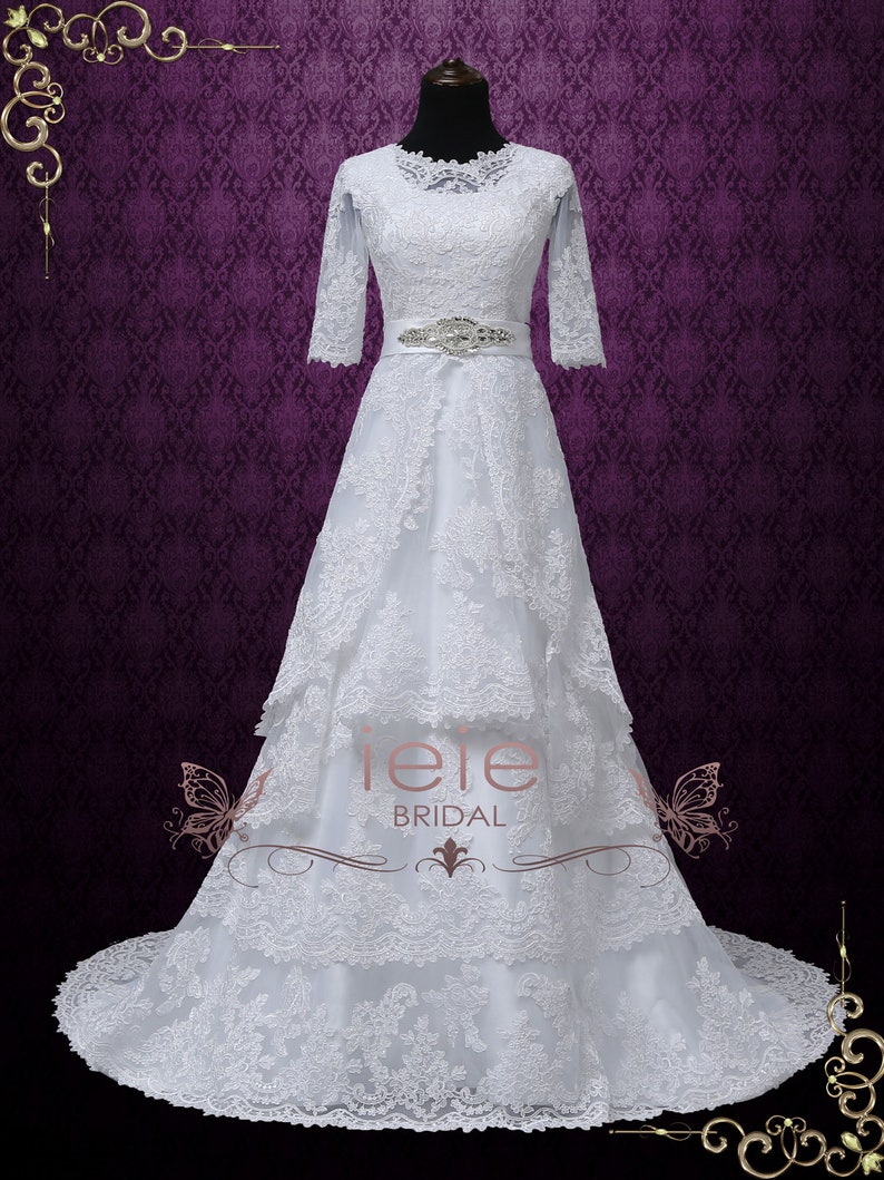 Modest White Lace Wedding Dress with Round Jewel Neck with Sleeves LDS Wedding Dress Laura image 2