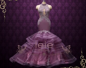 Sexy Purple Mermaid Wedding Dress with Ruffle Skirt, Unique Wedding Dress, Alternative Wedding Dress, Evening Dress, Pageant Dress| Gloria