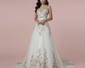Fairytale Floral Lace Wedding Dress with Plunging Neckline HELOISE