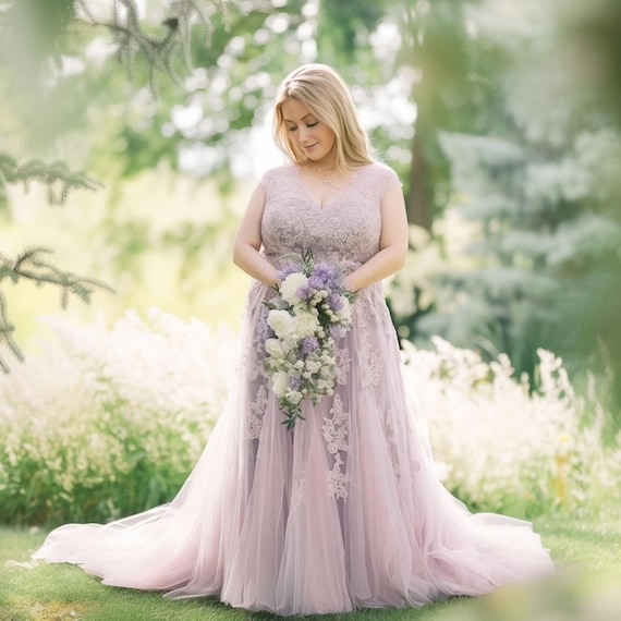 Custom Plus Size Purple Lace Wedding Dress with Cap Sleeves | KORYNNE