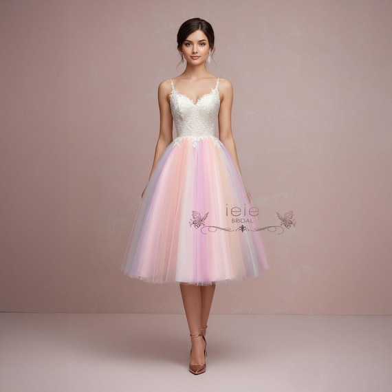 Short Rainbow Ballerina Style Lace Tulle Wedding Dress | Charmin