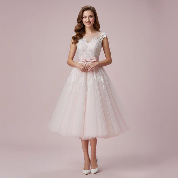 Pearl Pink Retro Tea Length Wedding Dress: 50s Style Prom Gown