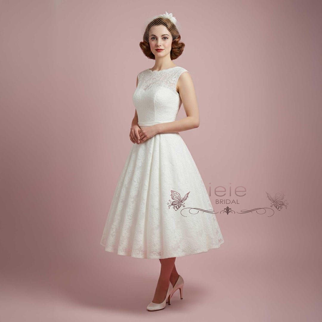 Vintage Lace Tea Length Wedding Dress: 50s Style Beach Bridal Gown