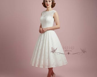 Vintage Tea Length Wedding Dress met Sweetheart Lining | caroline