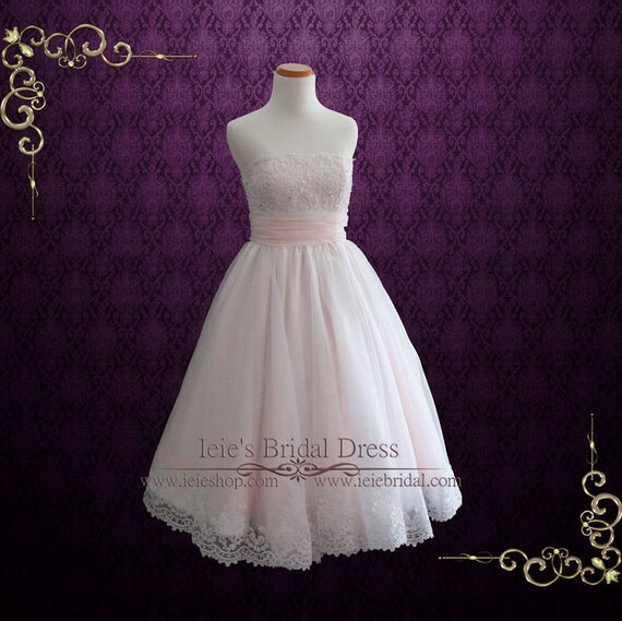 Retro Blush Pink Tea Length Lace Wedding Dress Short Wedding Etsy