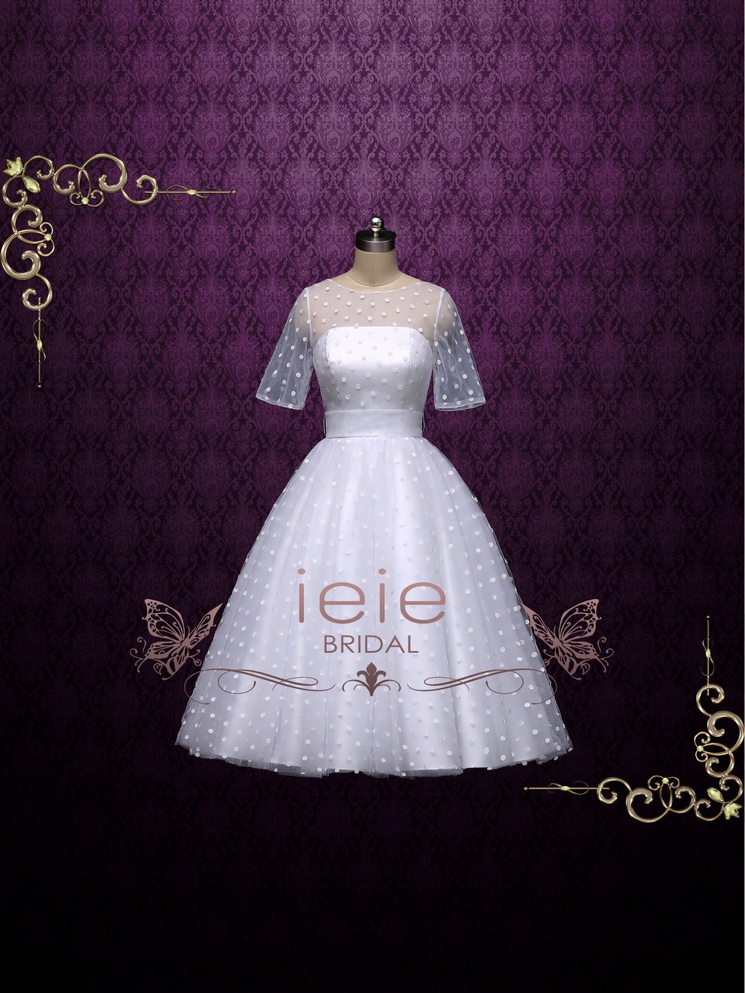 Polka Dot Wedding Dress Retro Tea Length Wedding Dress Reception Dress Vintage Style Wedding Dress White Wedding Dress Bridget Etsy