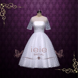 Polka Dot Wedding Dress, Retro Tea Length Wedding Dress, Reception Dress, Vintage Style Wedding Dress, White Wedding Dress | Bridget