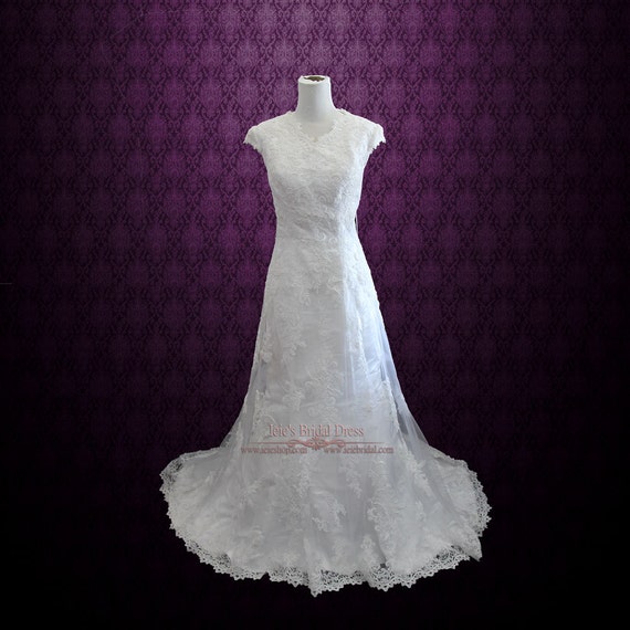 Modest Vintage Lace Wedding Dress With Cap Sleeves Sheath Etsy