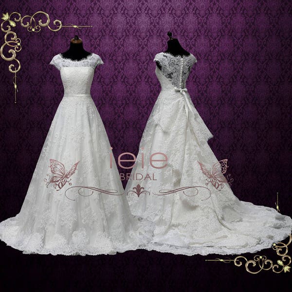 Vintage Lace A-Line Wedding Dress: Cascading Train, Illusion Back