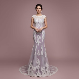Purple Wedding Dress with Cap Sleeves, Lace Wedding Dress, Modest Wedding Dress, Vintage Wedding Dress, White Wedding Dress | July