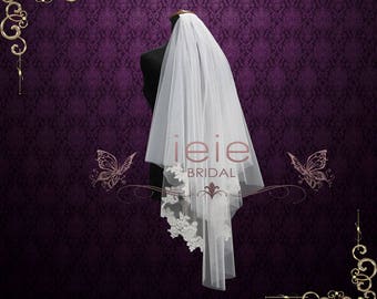 Short Fingertip Lace Wedding Veil with Blusher | VG2010