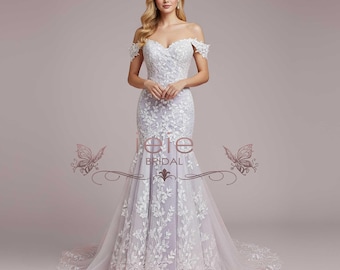 Ice Purple Lace Fit and Flare Wedding Dress with Off Shoulder Sleeves | HOPKINS