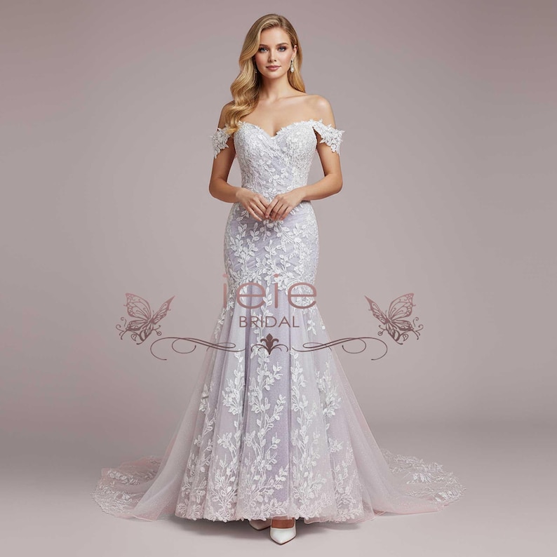 Purple wedding - Ice Purple Lace Fit and Flare Wedding Dress with Off Shoulder Sleeves