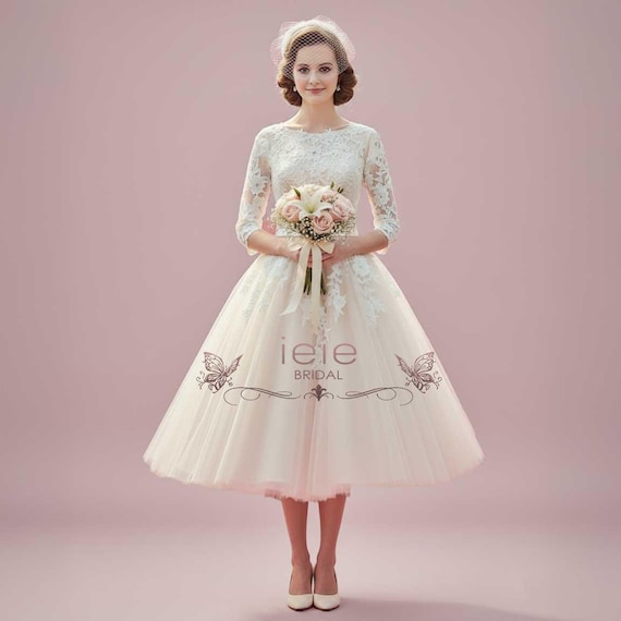Lace Tea Length Wedding Dress - Vintage Inspired Modest Design