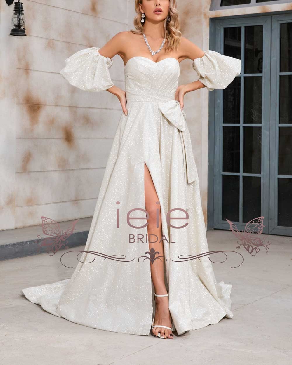 Boho Shimmery Wedding Dress With Side Slit and Detached
