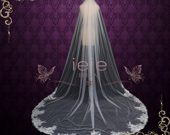 Cathedral Long Wedding Veil with Floral Lace at Train | VG3034