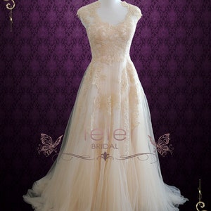 Champagne Grappig Kant bruidsjurk met Illusion Terug Ethereal jurk Boho jurk Korynne afbeelding 8