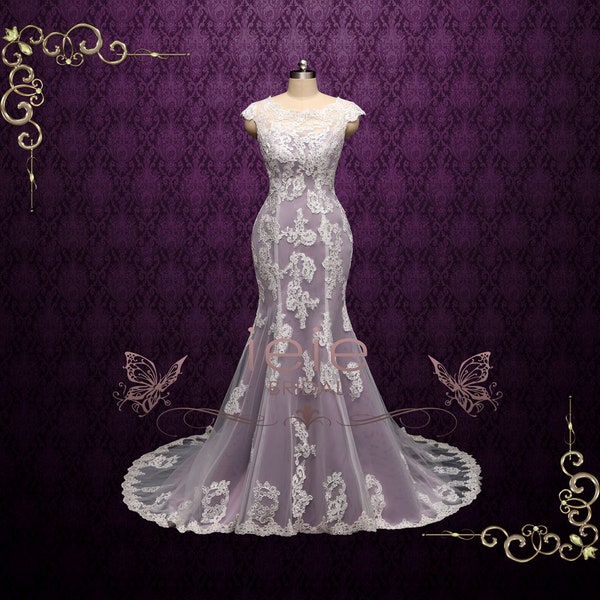 Purple Wedding Dress with Cap Sleeves, Lace Wedding Dress, Modest Wedding Dress, Vintage Wedding Dress, White Wedding Dress | July