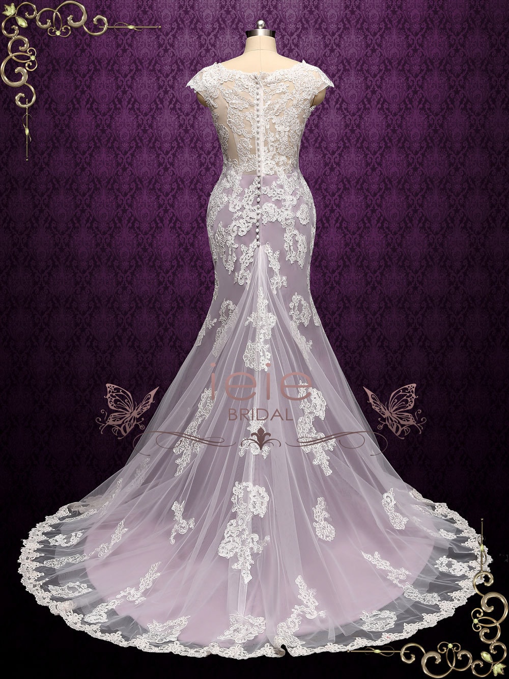 Lace Wedding Dress with Cap Sleeves: Vintage Style, Purple or White