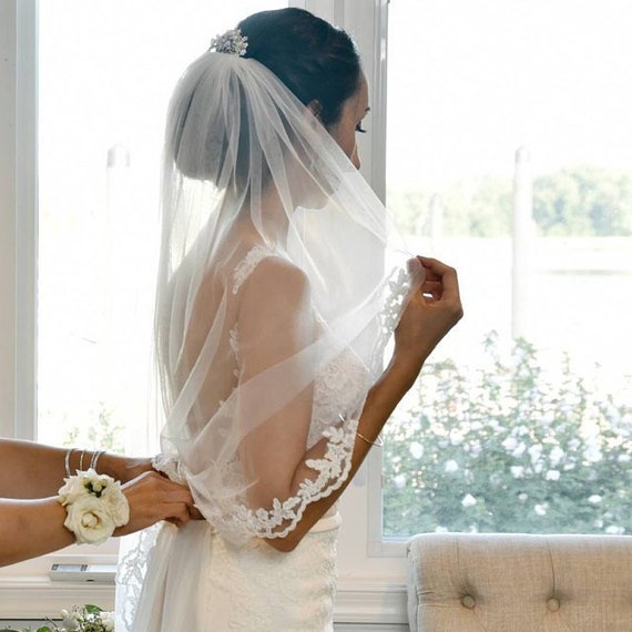 2 Tiers Wedding Veil with Spanish Lace fixed on a Comb