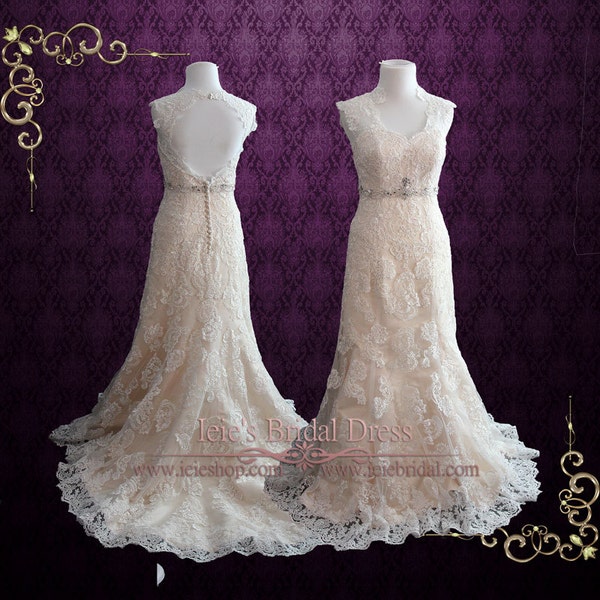 Vintage Style Champagne Lace Mermaid Wedding Dress with Keyhole Back | Lace Wedding Dress | Backless Wedding Dress | Brendina