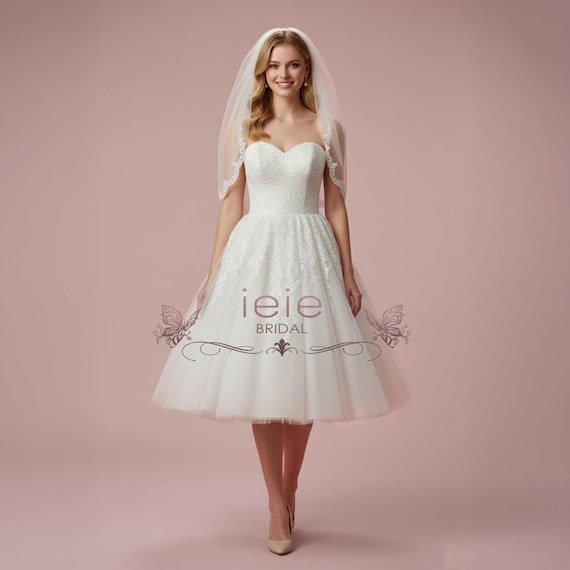 Strapless Retro Vintage Tea Length Lace and Tulle Wedding Dress | FLORA CS170901 Strapless Retro Vintage Tea Length Lace and Tulle Wedding Dress | FLORA CS170901