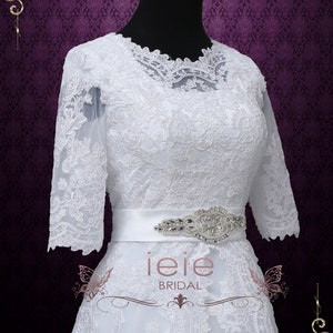 Modest White Lace Wedding Dress with Round Jewel Neck with Sleeves LDS Wedding Dress Laura image 5