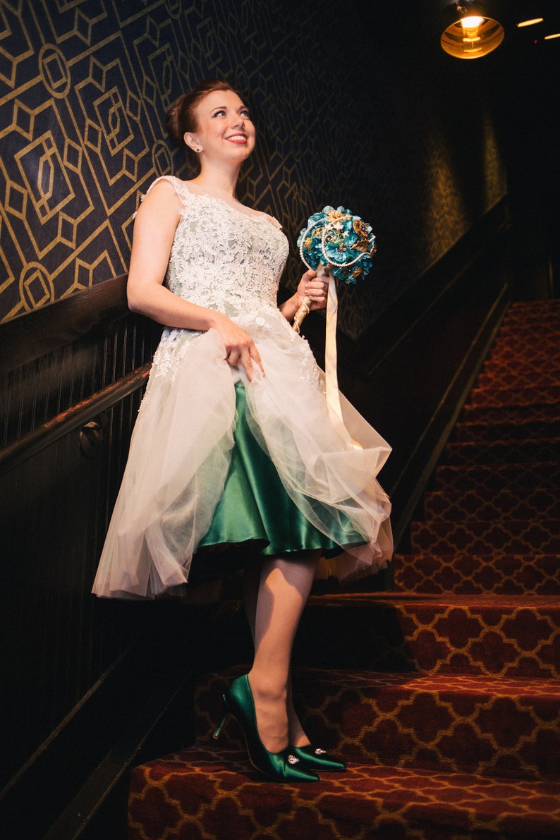 Mint Green Retro Lace Tea Length Wedding Dress, Retro Wedding Dress, Short Wedding Dress, Green Prom Dress, Formal Dress Rosalie CS150201 image 5