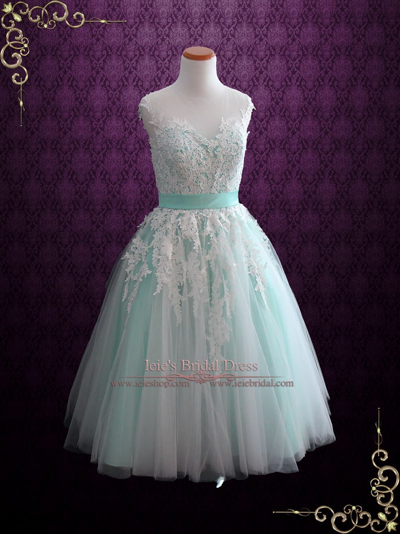 Mint Green Retro Lace Tea Length Wedding Dress, Retro Wedding Dress, Short Wedding Dress, Green Prom Dress, Formal Dress Rosalie CS150201 image 7