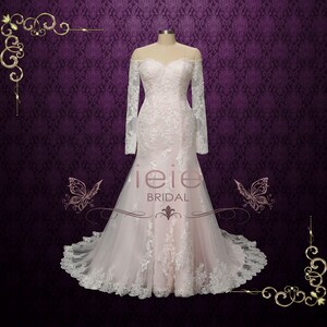 Pink Lace Wedding Dress with Off Shoulder Long Sleeves, Sexy Lace Wedding Dress, Ivory Wedding Dress | Meg