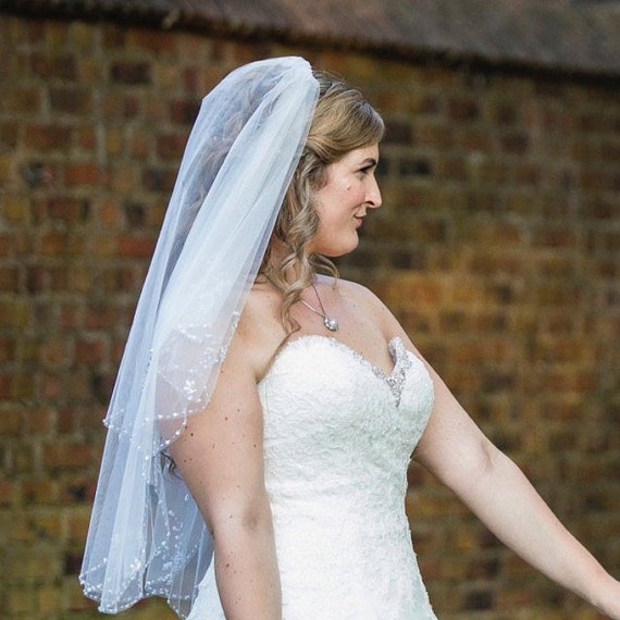 Two Tier Mid-Length Wedding Veil with Sequined Lace Edge