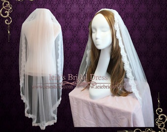 Finger Tip Wedding Veil with Eye Lash Lace Edge Gathered with Comb VG1055