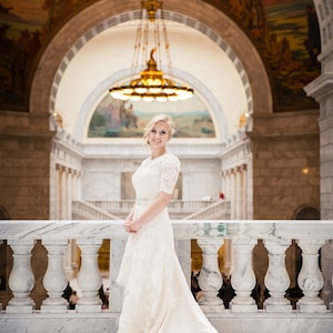 Modest White Lace Wedding Dress with Round Jewel Neck with Sleeves LDS Wedding Dress Laura image 6