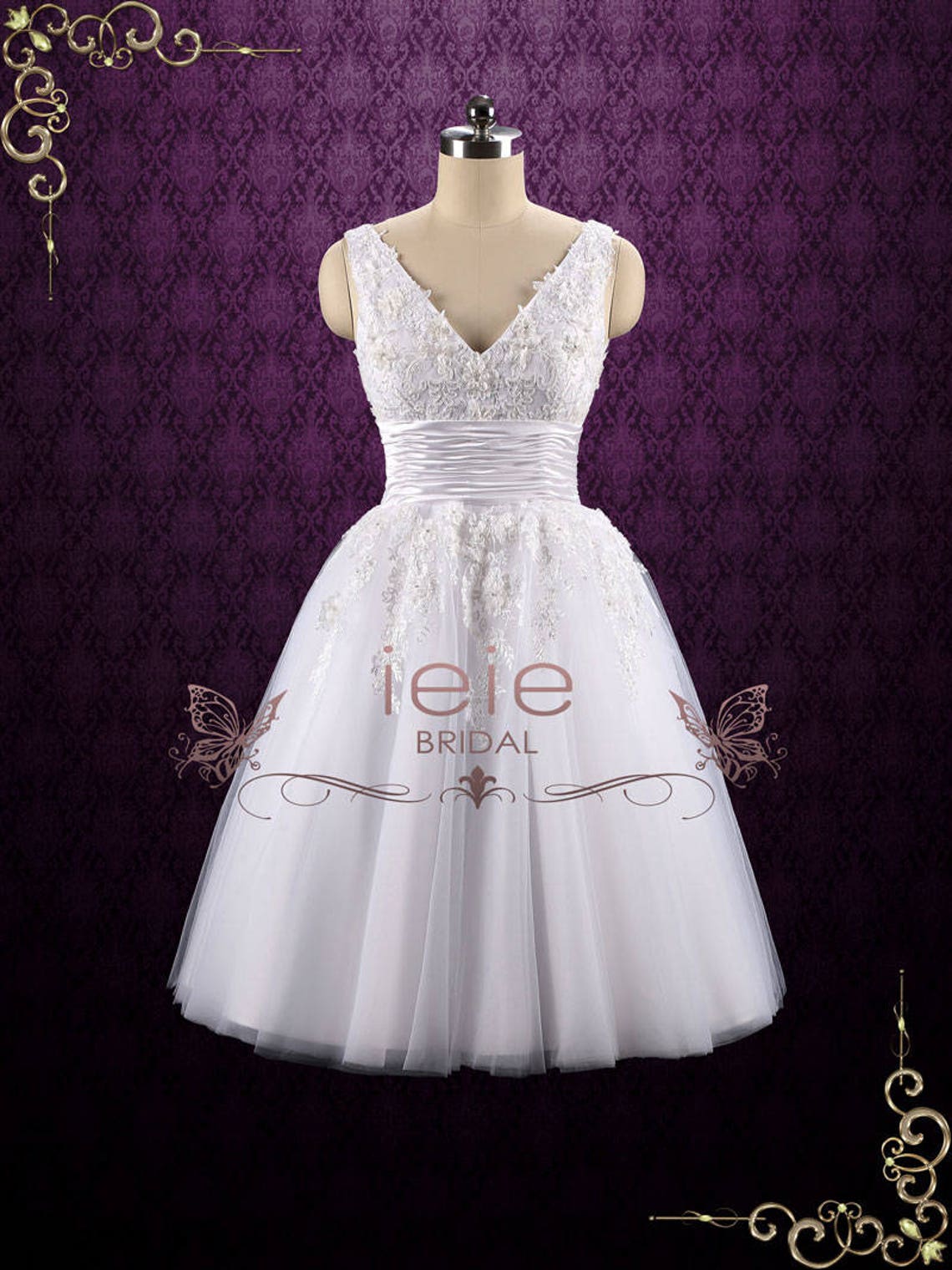 Retro Tea Length Lace Wedding Dress with Floral Lace Teresa | Etsy
