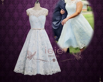 Retro Pastel Blue Tea Length Lace Wedding Dress with Sleeve | Shannon LG170504