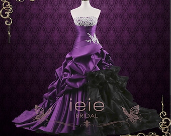 Strapless Purple Ball Gown Wedding Dress: Black Organza Ruffles