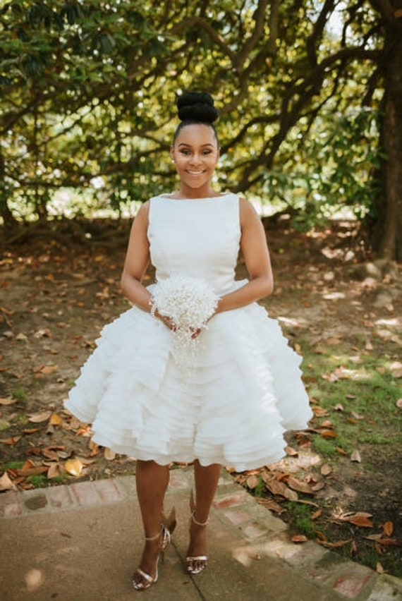 Modern Short Wedding Dress With Ruffled Skirt, Simple Minimalist