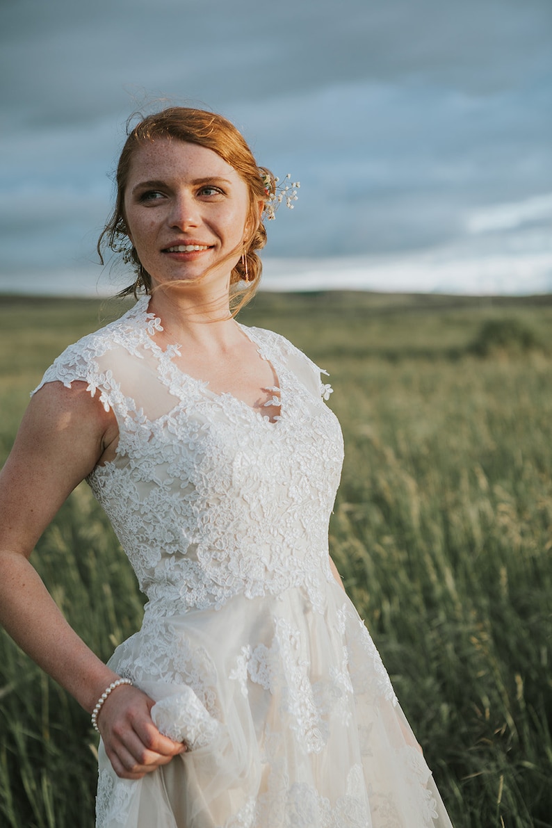 Blush Boho Lace Wedding Dress with Illusion Back, Boho Wedding Dress, Ethereal Wedding Dress, Country Wedding Dress Korynne image 7