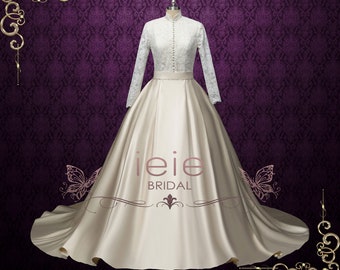 Royal Modest Lace Wedding Dress with Collar and long sleeves, LDS Wedding Dress, Rustic Wedding Dress | Emilia Y200511