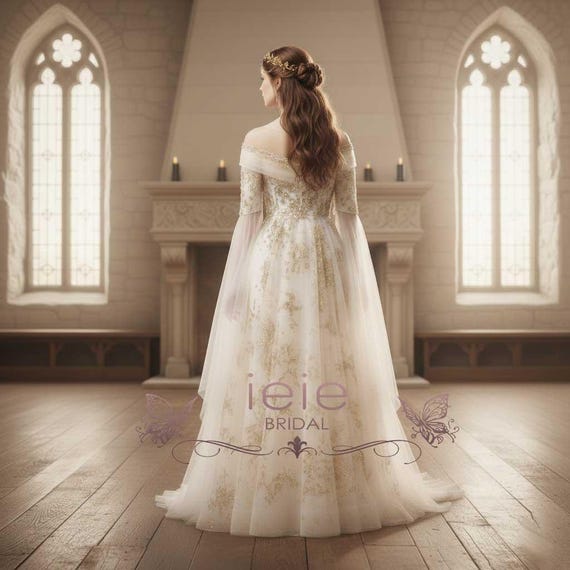 Gold Medieval Ball Gowns Gold Fantasy Wedding Dress White And Gold Wedding Dress Gowns, Fitted Princess