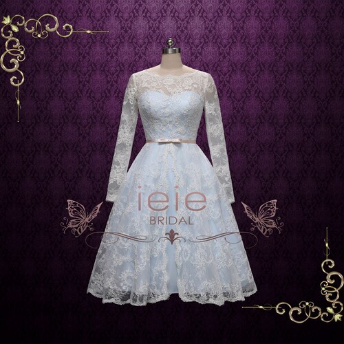 Blue Tea Length Lace Wedding Dress 