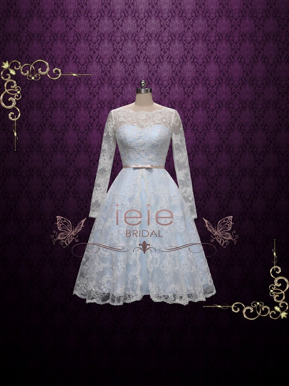 Vintage Inspired Blue Tea Length Lace Wedding Dress With Etsy