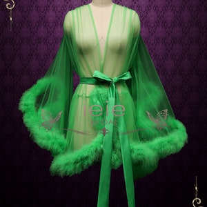 Pink Marabou Fur Illusion Bridal Honeymoon Boudoir Robe, Sexy Lingerie Cici Green