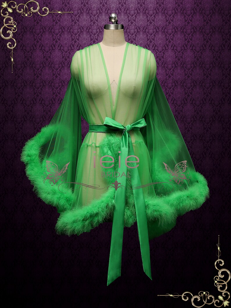 Pink Marabou Fur Illusion Bridal Honeymoon Boudoir Robe, Sexy Lingerie Cici Green