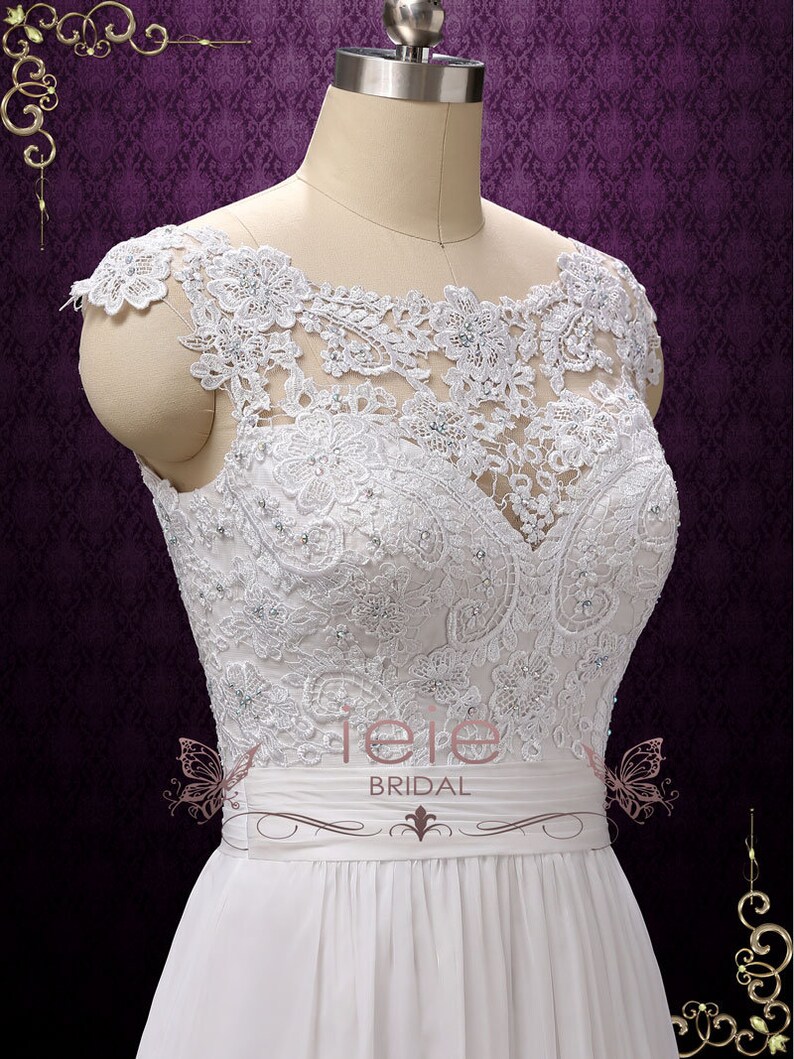 Boho Lace Chiffon Wedding Dress with Keyhole Back, Grecian Wedding Dress Galina image 5