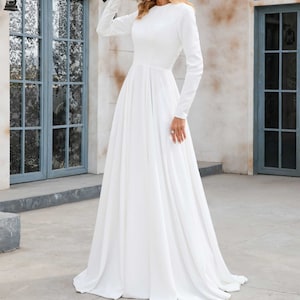 Modest Minimalist Simple Crepe Long Sleeves Wedding Dress, Custom Wedding Dress X1001