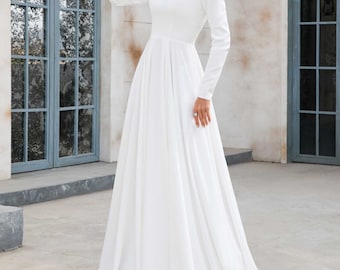 Modest Minimalist Simple Crepe Long Sleeves Wedding Dress, Custom Wedding Dress X1001