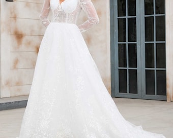 Boho Lace A-line Wedding Dress with V Neckline X1004