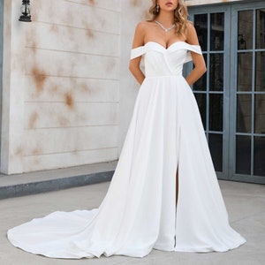 Boho Off the Shoulder A-line Wedding Dress with Side Slit X1003