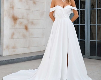 Boho Off the Shoulder A-line Wedding Dress with Side Slit X1003